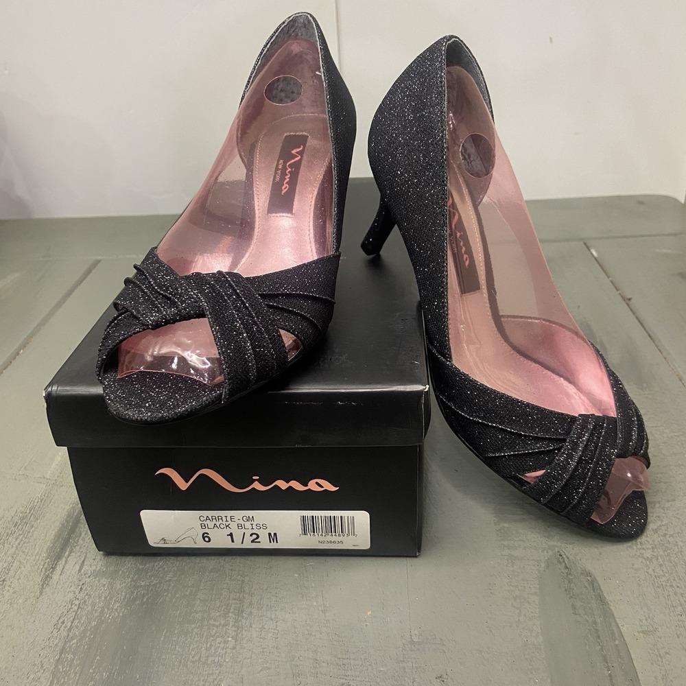 Nina New York Carrie Womens 6.5M Gunmetal Black Bliss Sparkle Open Toe Shoes